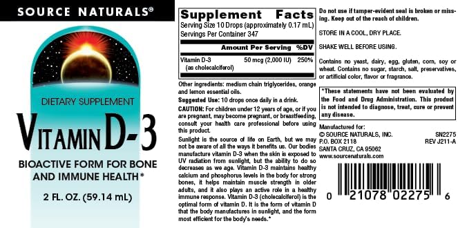 Source Naturals Vitamin D-3 Liquid Drops 2000 iu Supports Bone & Immune Health* - 2 Fluid oz