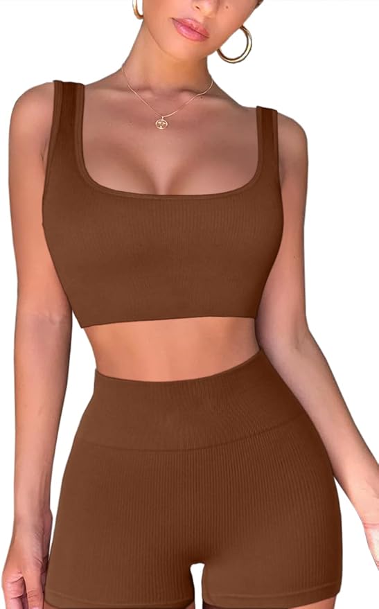 QINSEN Workout Sets for Women 2 Piece Seamless Ribbed Crop Tank High Waist Shorts Yoga Outfits