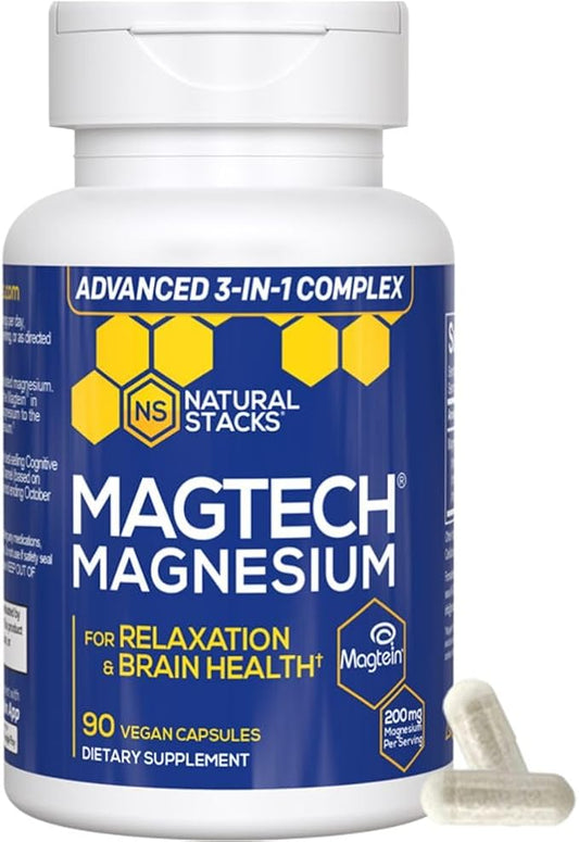 Magnesium Magtein L-Threonate, Glycinate & Taurate – 200mg Chelated Magnesium Complex – MagTech Magnesium Supplement for Relaxation & Brain Health – 90 Capsules