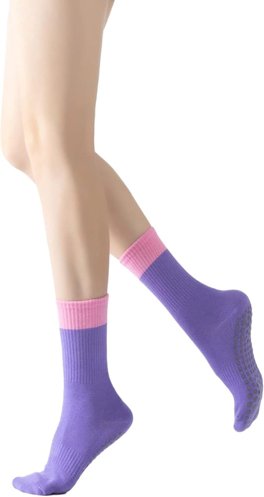 Yoga Pilates Socks with Grips for Women Non Slip Color Blocking Cushioned Crew Socks for Barre Ballet Dance