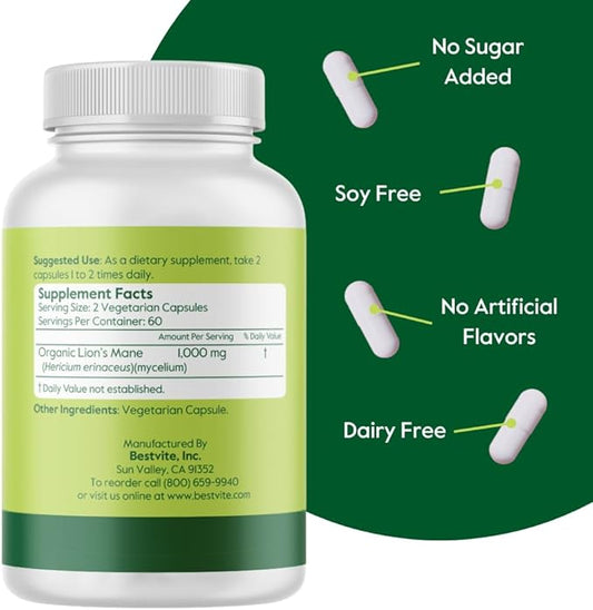Organic Lion's Mane 500mg (120 Veggie Capsules) - No Stearates - Vegan - Non GMO - Gluten Free - Certified Organic Lion's Mane