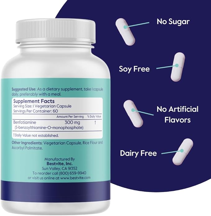 Benfotiamine 300mg (180 Vegetarian Capsules) (60x3) No Stearates - No Silicon Dioxide - Vegan - Non GMO - Gluten Free