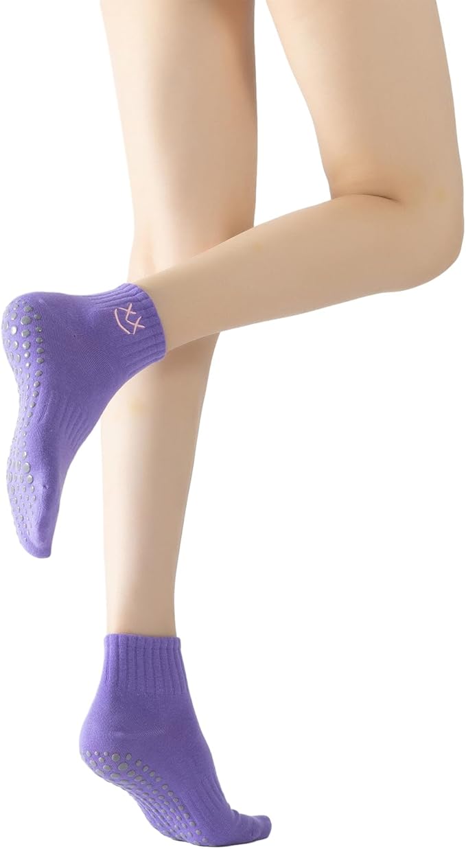 Yoga Pilates Socks with Grips for Women Non Slip Colorful Cushioned Ankle Socks for Barre Ballet Dance