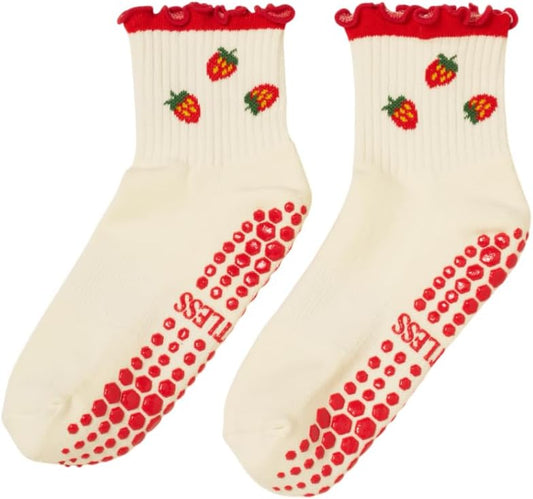 Shapes Studio Crew Half Calf Grip Socks, Cutest Fruits Pilates Socks, Ruffle socks, Non-Slip, Barre Yoga Fitness