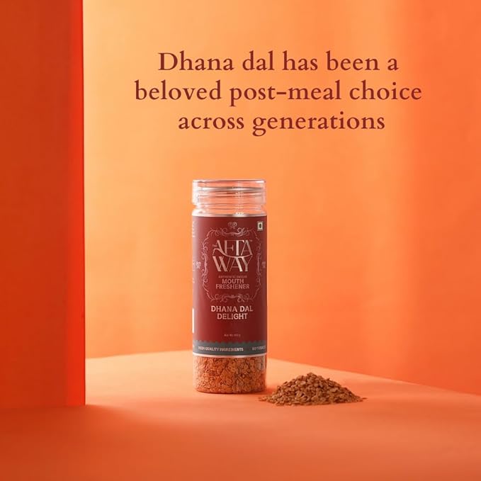 The AftaWay Dhana Dal Delight 5.64 oz, Traditional Mukhwas/Indian Mouth Freshener with Rock Salt Kissed Double Roasted Coriander Seeds, Breath Freshener, Sugar Free, Gluten-Free, Vegan, Non-GMO
