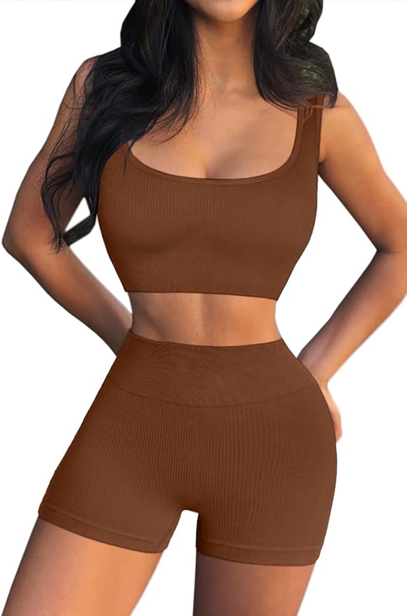 QINSEN Workout Sets for Women 2 Piece Seamless Ribbed Crop Tank High Waist Shorts Yoga Outfits