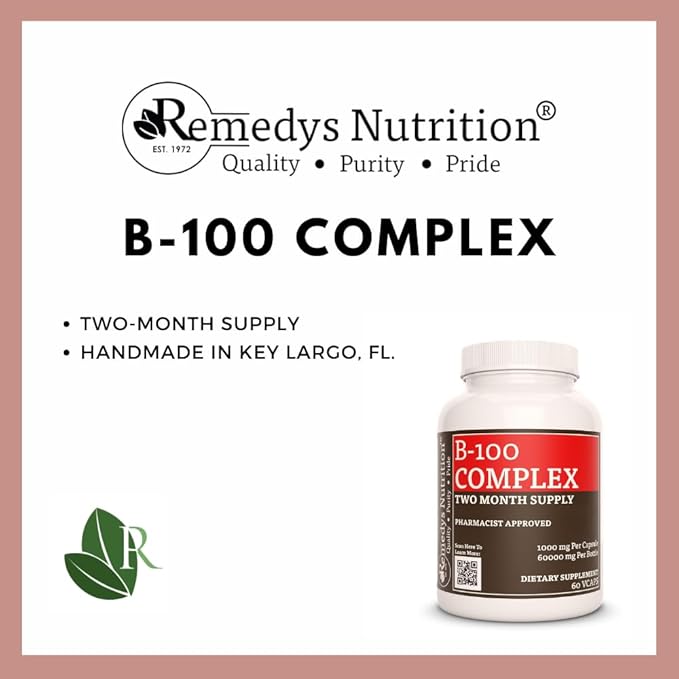 Remedy's nutrition Vitamin B-100 Complex |1,000 mg, 60 Vegan Capsules Dietary Supplement | Two Month Supply