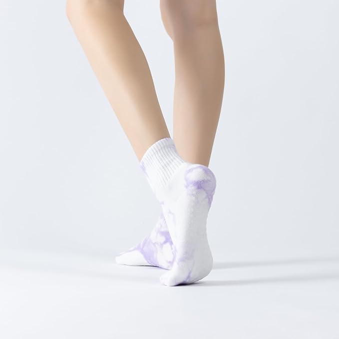 Yoga Pilates Socks with Grips for Women Non Slip Fleece Tie Dye Cushioned Ankle Socks for Barre Ballet Dance