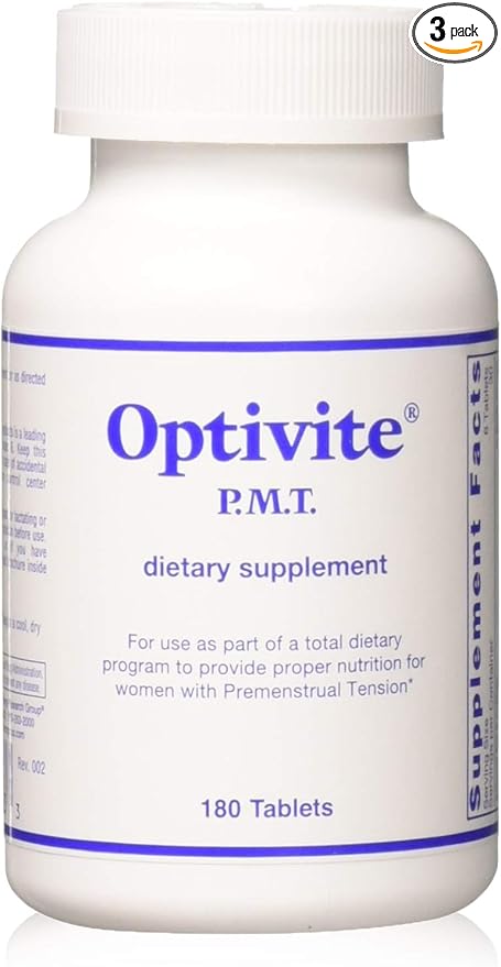 Optimox Optivite PMT Supplement - PMS Support Supplement for Women, Hormonal Balance, Womens Multivitamins, PMS Relief with Magnesium, Vitamin C and D3, Iron Tablets - 180 Count (Pack of 3)