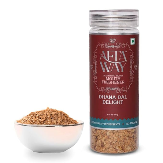 The AftaWay Dhana Dal Delight 5.64 oz, Traditional Mukhwas/Indian Mouth Freshener with Rock Salt Kissed Double Roasted Coriander Seeds, Breath Freshener, Sugar Free, Gluten-Free, Vegan, Non-GMO