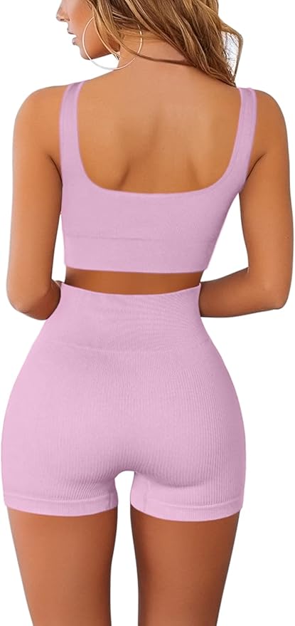QINSEN Workout Sets for Women 2 Piece Seamless Ribbed Crop Tank High Waist Shorts Yoga Outfits