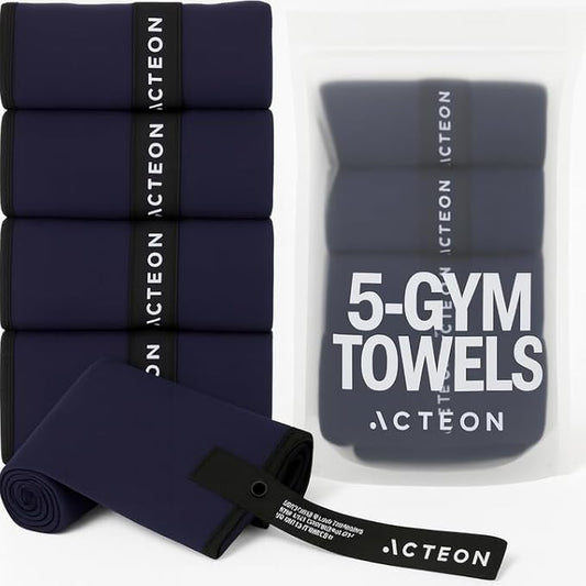 Acteon Microfiber Gym Towels 5 Pack, Quick Dry Silver ION Odor-Free Super Absorbent Sweat Towels for Men & Women, Workout, Yoga, Running, Beach, Travel – 16x30.5 Inch (Midnight Blue)