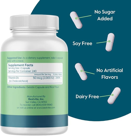 BESTVITE Vitamin D 2000 IU (240 Capsules) - No Stearates - Non GMO - Gluten Free