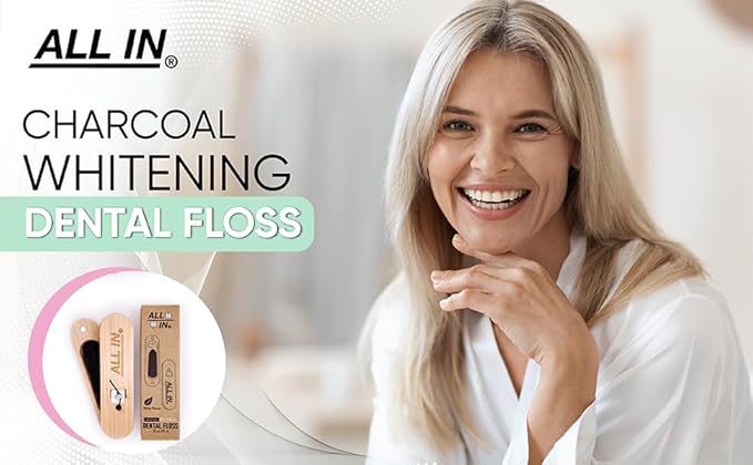 ALL IN Waxed Charcoal Floss with a Refillable Dental Floss Holder - Plant Based, No PFAS - Mint Floss for Effective Plaque Removal, Clean Teeth, Fresh Breath - 32 yd