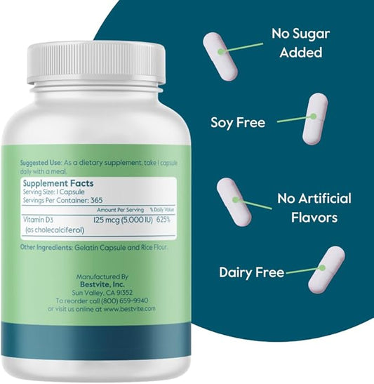 BESTVITE Vitamin D3 5000 IU (365 Capsules) - No Stearates - Non GMO - Gluten Free - 1 Year Supply of Vitamin D