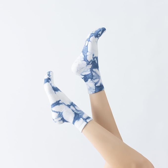 Yoga Pilates Socks with Grips for Women Non Slip Fleece Tie Dye Cushioned Ankle Socks for Barre Ballet Dance