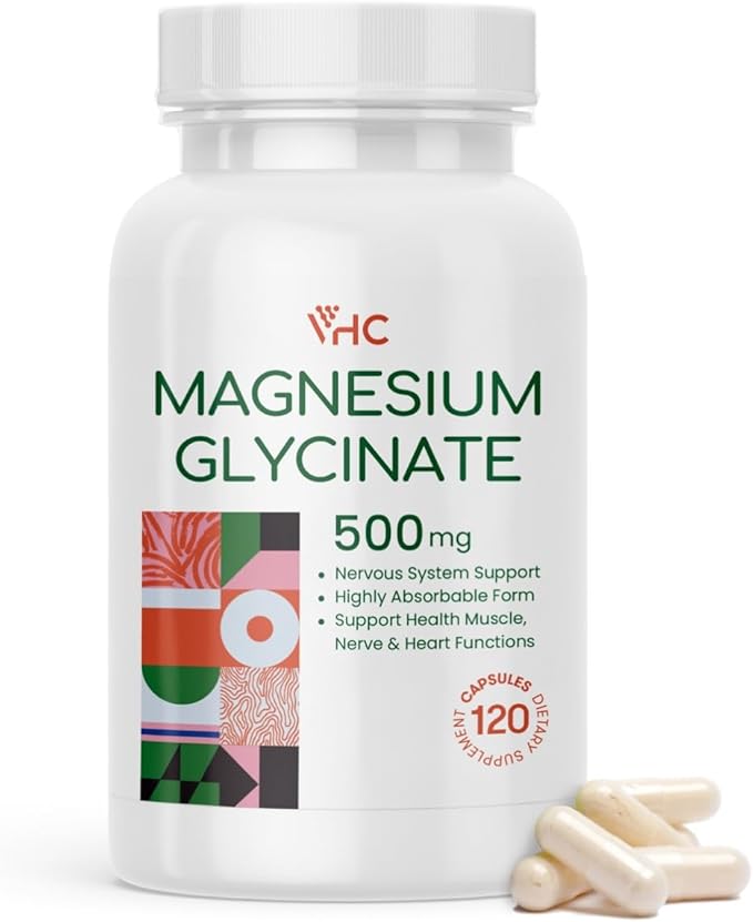 VHC Magnesium Glycinate 500mg Supplement Capsules, High Absorption- Gentle Form,Highly Purified Magnesium Mineral Supplements for Women & Men, 120 Caps, Made in USA