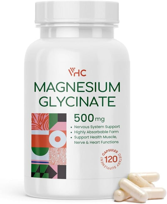 VHC Magnesium Glycinate 500mg Supplement Capsules, High Absorption- Gentle Form,Highly Purified Magnesium Mineral Supplements for Women & Men, 120 Caps, Made in USA