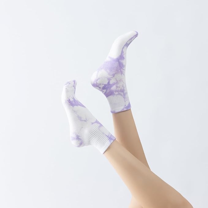 Yoga Pilates Socks with Grips for Women Non Slip Fleece Tie Dye Cushioned Ankle Socks for Barre Ballet Dance
