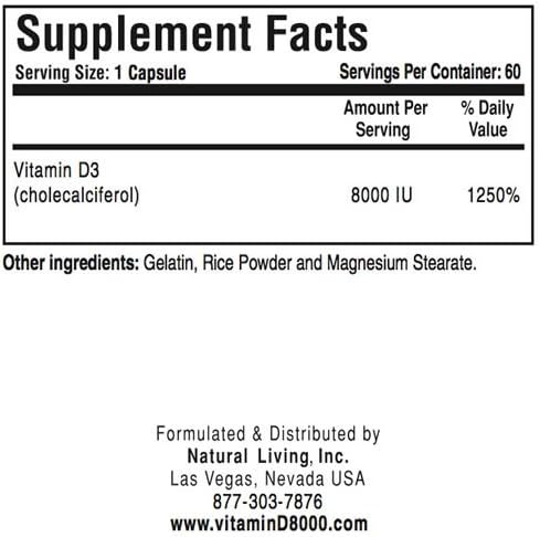 Natural Living High Potency Vitamin D3 8000 IU 60 Capsules 5 Bottles