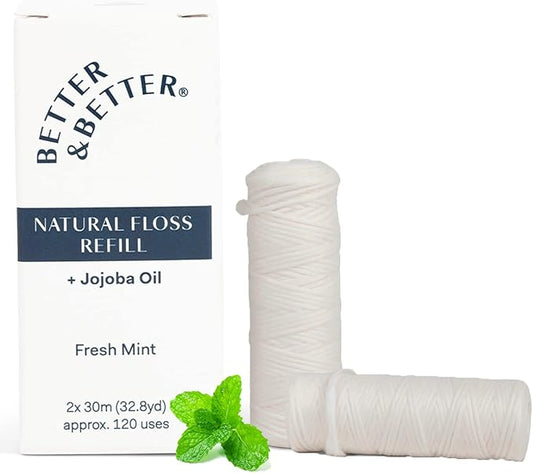 Better & Better Natural Dental Floss Refill Pack | Waxed & Zero Plastic Oral Care - 100% Plant-Based, Vegan, Eco and Non Toxic Dental Floss, 2 Spools