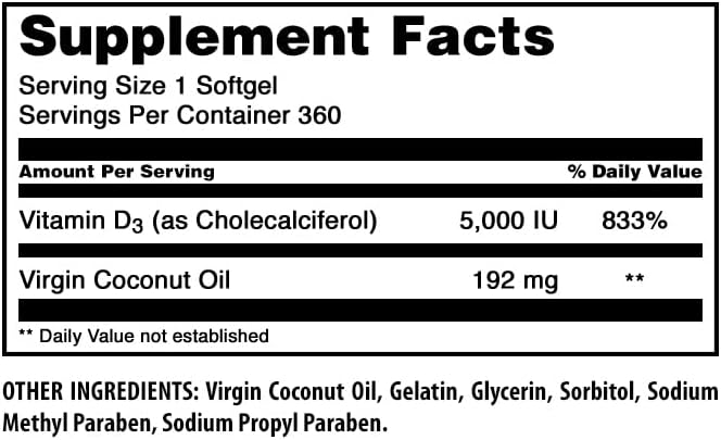Amazing Formulas Vitamin D3 in Coconut Oil 5000 IU Supplement | Softgels | Non-GMO | Gluten-Free | Made in USA (1 Pack | 360 Count)