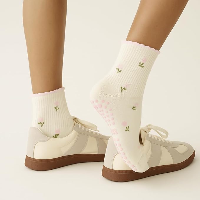 Shapes Studio Crew Half Calf Grip Socks, Cutest Fruits Pilates Socks, Ruffle socks, Non-Slip, Barre Yoga Fitness