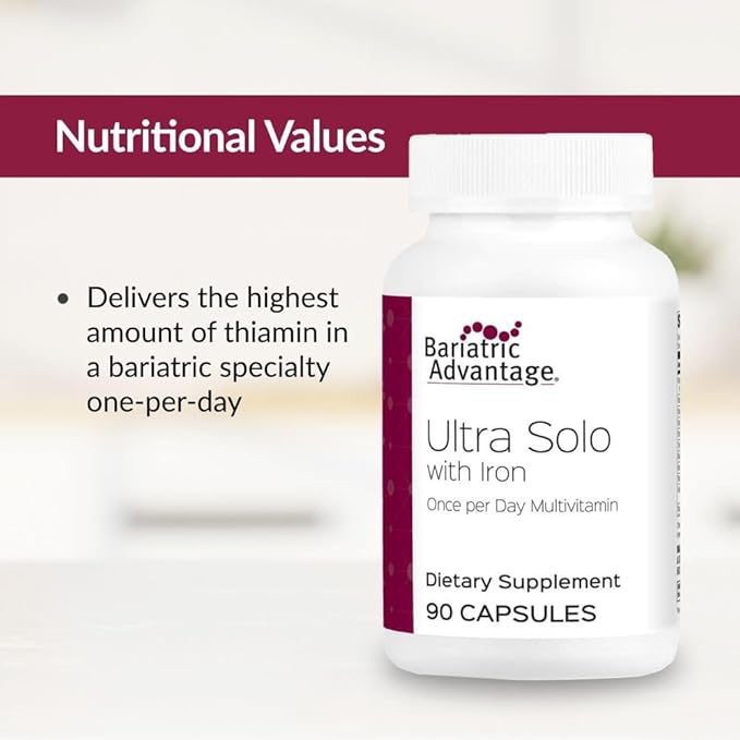 Bariatric Advantage Ultra Solo with Iron - Once-Per-Day Daily Multivitamin - for Bariatric Patients - with Thiamin, Vitamin A & More - Gluten Free - 90 Capsules