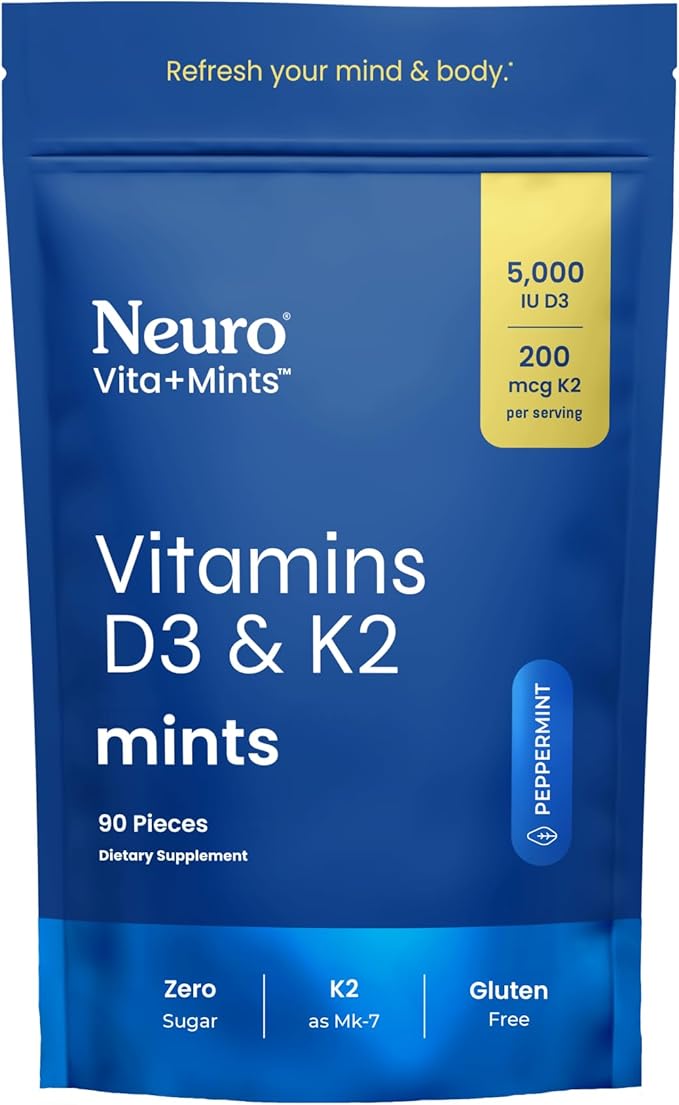 NeuroGum Vita-Mint D3+K2 Mints (Peppermint, 90 Pieces) | 5,000 IUS Vitamin D3 + 200mcg K2 | Sugar Free Bone, Immune & Mood Support