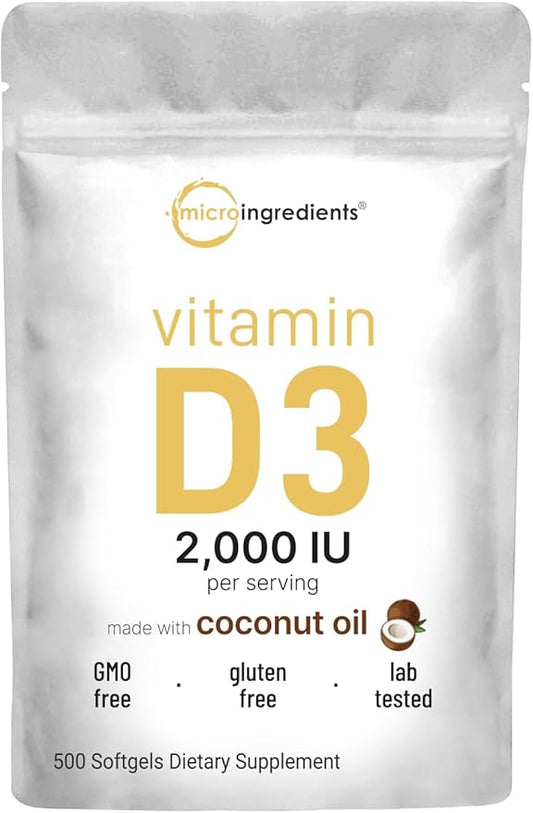 Micro Ingredients Vitamin D3 2,000 IU, 500 Softgels | Virgin Coconut Oil | Cholecalciferol Form | Bone, Immune & Heart Support | Easy to Swallow, Non-GMO