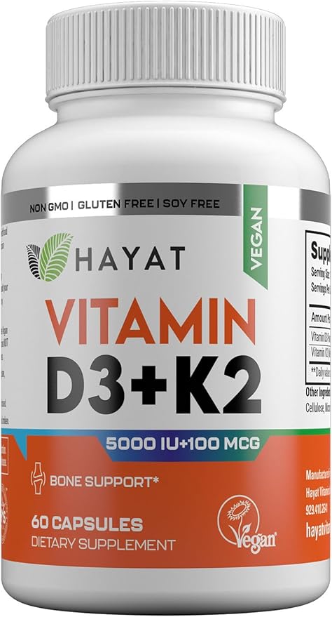 Vitamins Vegan Vitamin D3+K2 (5000 IU + 100 MCG), Dietary Supplement for Bone, Teeth, Muscle and Immune Health Support, 2 Month Supply, Certified Halal, 60 Capsules, Made in The USA