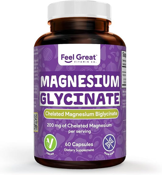 Feel Great Magnesium Bisglycinate – High Absorption, Buffered & Chelated Magnesium for Muscle, Bone & Joint Support – 60 Easy-to-Swallow Vegan Capsules