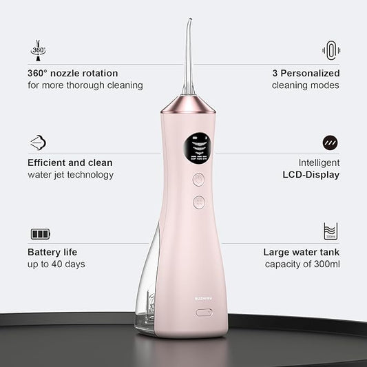 Water Dental Flosser for Teeth, Portable Cordless Water Flosser with 300ML Rechargeable with Type-C, IPX7 Waterproof Water Flossers for Adults with 3 Intensity Modes and 3 Flossing Tips