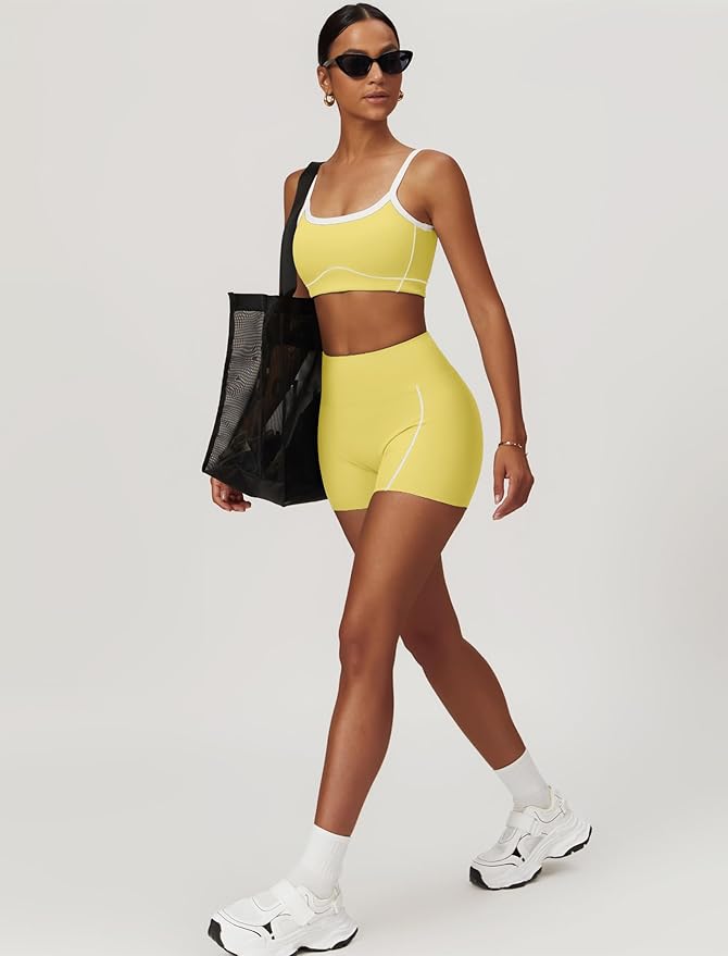 Workout Sets for Women 2 Piece Contrast Panel Sports Bra Tummy Control Butt lifting Shorts Jogger Outfits ﻿