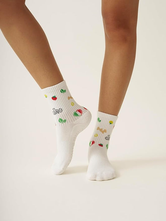 Shapes Studio Crew Half Calf Grip Socks, Cutest Fruits Pilates Socks, Ruffle socks, Non-Slip, Barre Yoga Fitness