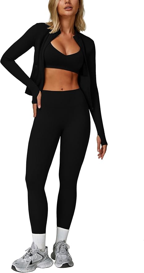 Workout Sets for Women 3 Piece High Waisted Seamless Leggings Crop Top Jacket Gym Yoga Outfit Stretchy Sports Bra Sets