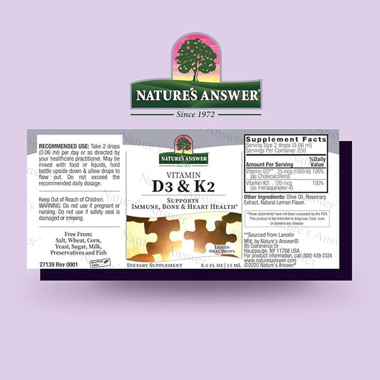 Natures Answer Vitamin D3 and K2, 0.5 oz - Liquid Extract Oral Drops - Supports Immune, Bone and Heart Health - in a Delicious Olive Oil, Rosemary Oil, and Natural Lemon Base