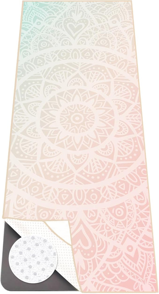 Colorful Star Yoga Towel with Corner Pockets, Non Slip Grip Dots Sweat Absorbent Hot Yoga Mat Towels, Soft Yoga Blankets with Travel Bag, Mat Cover for Workout, Gym, Fitness - 70"x26", Pink Mandala