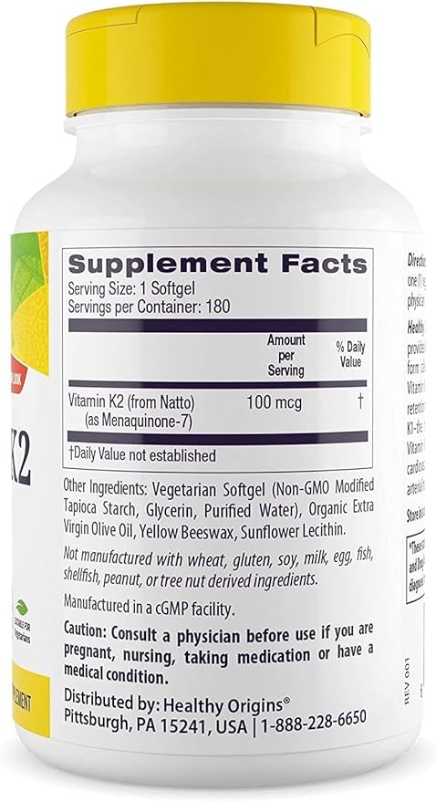 Healthy Origins Vitamin K2 100 mcg (MK-7, Non-GMO, Gluten Free, Cardiovascaular Support, Bone Support), 180 Veggie Gels