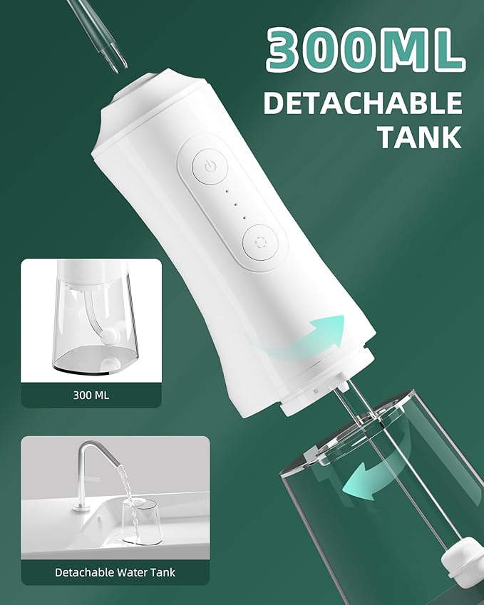 Water Dental Flosser - Portable Cordless Oral Irrigator 300ML, Rechargeable IPX7 Waterproof Irrigation Cleaner for Teeth Cleaning & Flossing, Travel & Home Use (Pearl White)