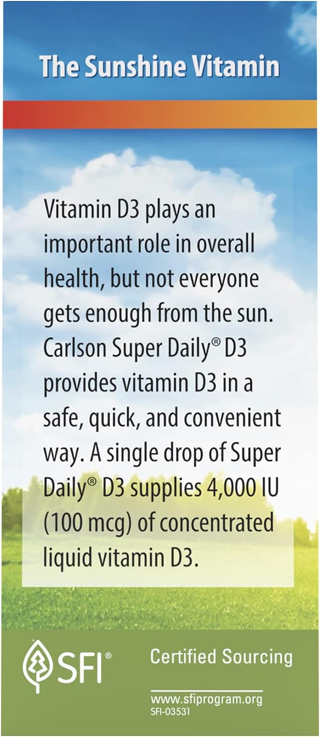 Carlson Super Daily D3 4,000 IU (100 mcg), Heart & Immune Health, Teeth & Bone Strength, Unflavored, 365 Drops