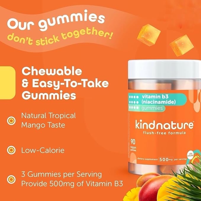 kindnature Vitamin B3 Niacin Gummies - Flush Free Niacinamide 500mg Supplement - Vegan, Non-GMO, Low-Calorie, Gluten-Free, Soy-Fee, 3rd Party Lab Tested - 1 Month Supply, 90 Chewable Gummies