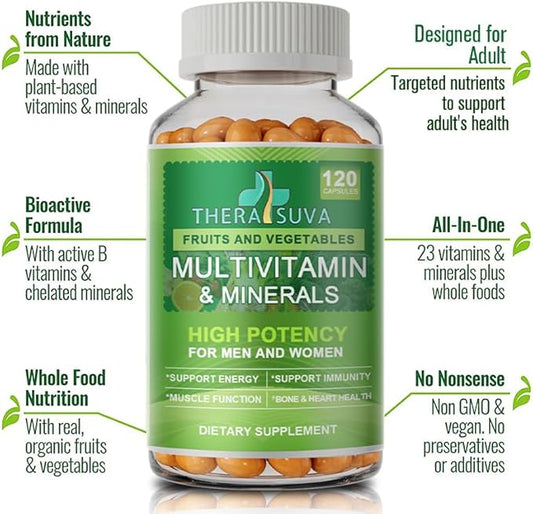 All Natural Multivitamins & Minerals + B Complex + Calcium + Magnesium + Zinc, 100% Vegan Sourced Whole Food Supplement, Complete Nutritional Support for Men & Women- 120 Capsules, 60 Day Supply