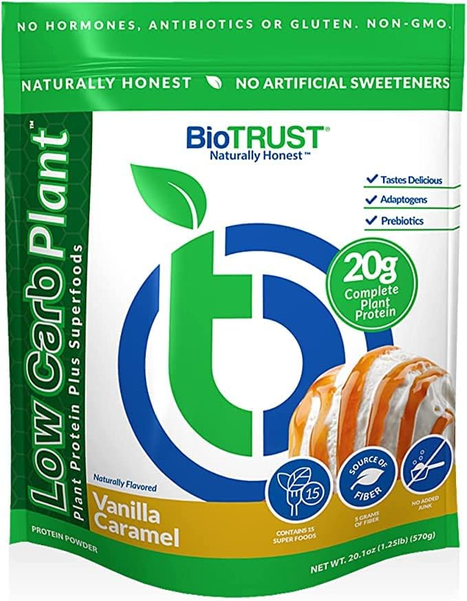 BioTrust Low Carb Plant, Delicious, Creamy, 20 Grams of Clean, Complete, Plant-Based Protein, 5 Grams Fiber, 15 Superfoods, Vegan, Dairy-Free -14 Servings (Vanilla Caramel)