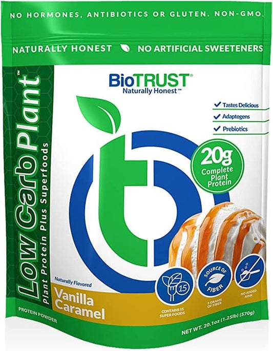 BioTrust Low Carb Plant, Delicious, Creamy, 20 Grams of Clean, Complete, Plant-Based Protein, 5 Grams Fiber, 15 Superfoods, Vegan, Dairy-Free -14 Servings (Vanilla Caramel)