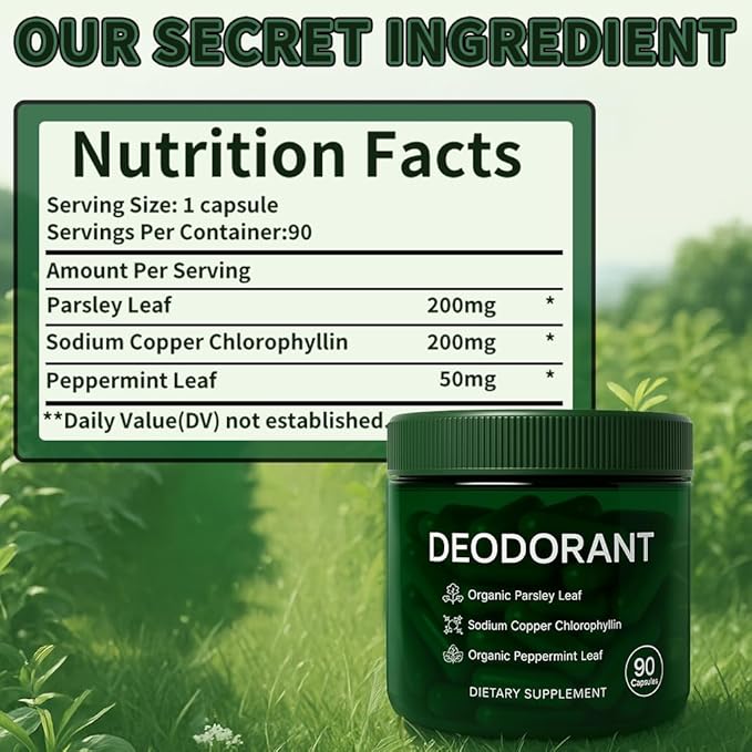Body Deodorizing Supplement - Mint, Parsley & Chlorophyll Capsules for Body Odor, Bad Breath, Internal Deodorant Chlorophyll Pills for Women & Men, 90 Capsules (1)