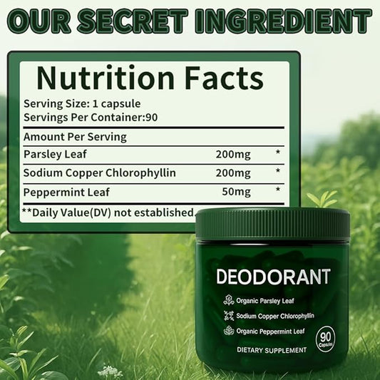 Body Deodorizing Supplement - Mint, Parsley & Chlorophyll Capsules for Body Odor, Bad Breath, Internal Deodorant Chlorophyll Pills for Women & Men, 90 Capsules (1)
