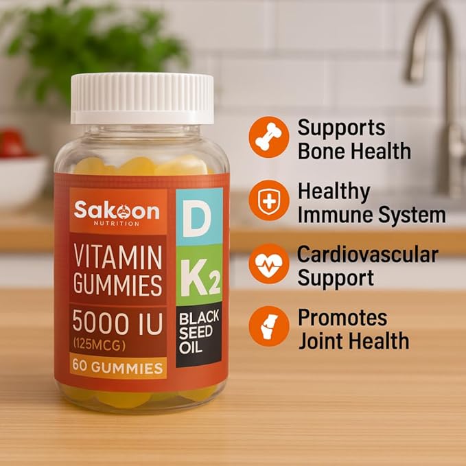Sakoon nutrition 5000 IU Vitamin D3 K2 Vitamin Supplement with Black Seed Oil for Bone, Teeth, Muscle, and Immune Defense Support, Non-GMO and Gluten Free, 60 Gummy Chewables