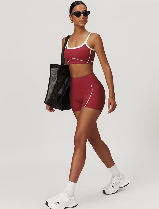 Workout Sets for Women 2 Piece Contrast Panel Sports Bra Tummy Control Butt lifting Shorts Jogger Outfits ﻿