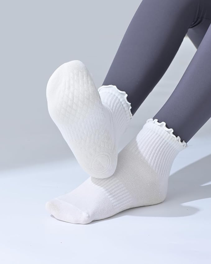 Non Slip Grip Yoga Socks for Women Breathable Cute Ruffle Ankle Socks for Yoga, Pilates, Barre Workouts